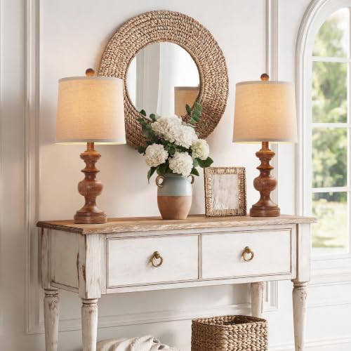 PARTPHONER Farmhouse Table Lamp Set of 2, Rustic Table Lamps for Living Room Bedroom, 22" Mid Century Modern Desk Lamp Bedside Nightstand Lamps with Linen Tapered Drum Shades, Wood Grain - Image 6