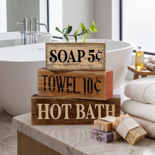Moucuny 4 Pcs Rustic Bathroom Shelf Decor Wooden Block Signs, Farmhouse - Image 6