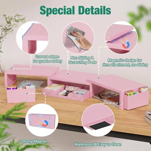 OPNICE Desk Organizer and Accessories, Computer Monitor Stand Riser with Drawer and 2 Pen Holders, Laptop Stand, Office Desk Accessories for Office Supplies, Pink - Image 2
