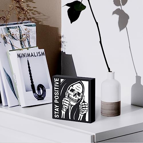 Halloween Decorations, Halloween Decor Indoor Ghost Desk Decor For Men Decorations Inspirational Skeleton Man Wooden Box Sign Plaque Stay Positive Black Wood Box Sign Rustic Art Home Office Shelf Desk - Image 5