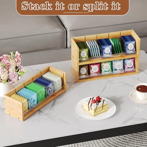 X-cosrack Bamboo Tea Bag Organizer Storage Box, 3 Tier Stackable Tea Bag Box Natural Wood, Wall Mount Tea Chests with Acrylic for tea bags Office Kitchen Cabinet Pantry - Image 3