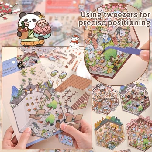Girls 3D Miniature Scene Stickers, 4 Sets Chinese Courtyard DIY House Stickers for Lunar New Year, Spring, Summer, Auturn, Cute 3D Cartoon Sticker Scenes for Adult Kids Relief Stress Pass The Time - Image 4