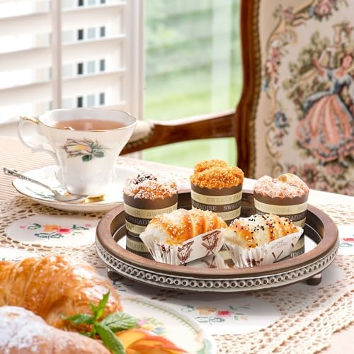 KULEDM Handmade Wooden Serving Tray, Small Beaded Coffee Table Tray Decor, Mirror Round Decorative Tray for Coffee Table, Dining Room Table Entryway and Living Room Table, TR700 - Image 6