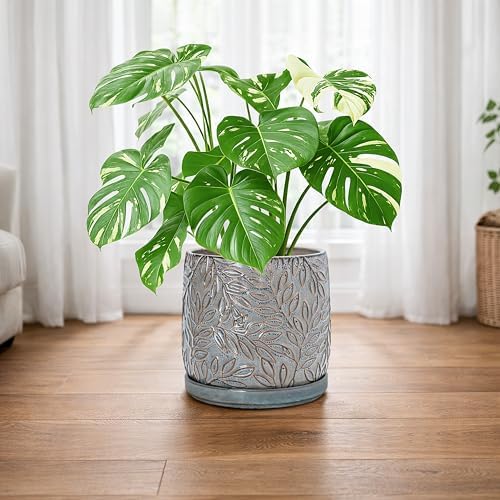 D'vine Dev Embossed Leaves Ceramic Planter, 10 in, Graphite Blue, 27-A-P-9 - Image 2