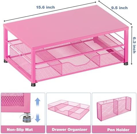 OPNICE Desk Organizers and Accessories, Computer Monitor Stand Riser with Drawer and 2 Pen Holders, Printer & Laptop Stand, Office Desk Accessories & Workspace Organizers for Home Office Supplies, Carmine Rose - Image 2