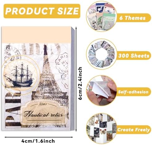 EggSun 300Pcs Washi Sticker Book Set Aesthetic Scrapbook Paper for Story Journaling, 6 Theme DIY Decorative Paper Sticker Kit for Junk Journal Art Scrapbooking Diary Card Craft Gift Notebook Making - Image 2