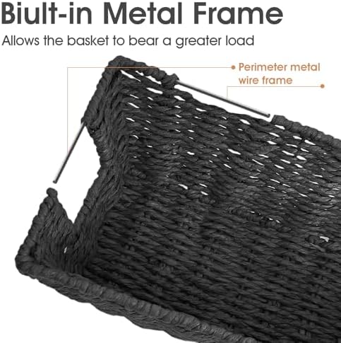 Paper Rope Storage Baskets for Shelves Organizing, Small Hand Woven Wicker Organizer Basket with Handle for Bathroom Toilet Paper Storage, Black, 3-Pack - Image 6