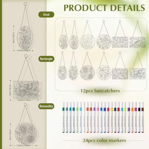 Humyoun 36 Pcs Suncatchers Crafts Kit DIY Paint Art Stained Glass Painting Craft Kits 24 Markers and 12 Suncatchers for Adults Home Decor Creative Projects (Unusual Shaped Flower) - Image 2