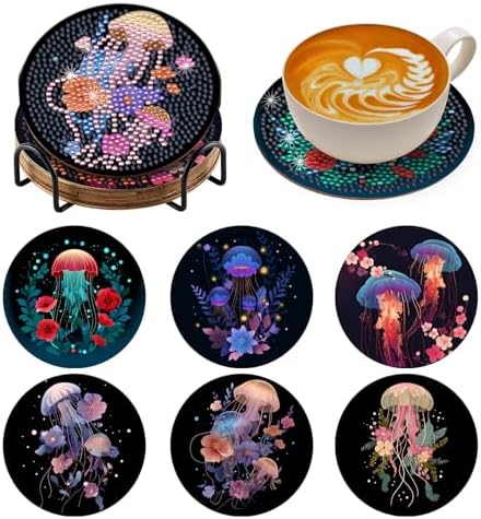 Zynlio Jellyfish Diamond Paintings Coasters Kits Set with Holder,Diamond Art, DIY Diamond Crafts Coasters for Adults, Diamond Art Painting Kits for Women, Beginners, Diamond Craft Supplies by Unknown
