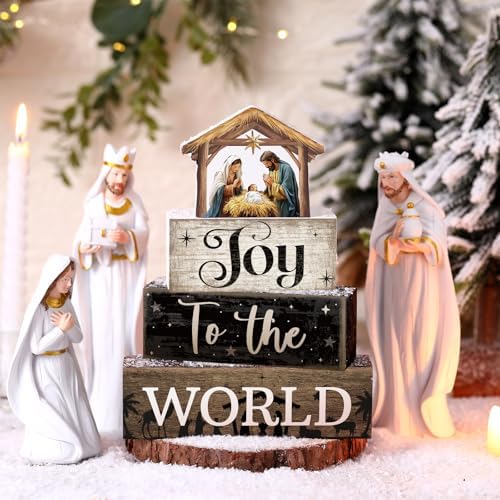 Moucuny 4 Pcs Christmas Table Decoratons, Christian Joy to The World Signs - Image 5