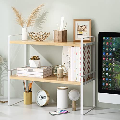 YGYQZ Desk Shelf Organizer, 2-Tier Desktop Bookshelf, White & Wood - Image 2