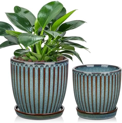 Oairse Ceramic Pots for Indoor Plants, 4.9 +5.7 inch Pots for Plants Set of 2 Marble Blue Plant Pots with Drainage Holes and Saucers Texture Ceramic Planters Indoor Outdoor Flower Pots for Succulent by Oairse