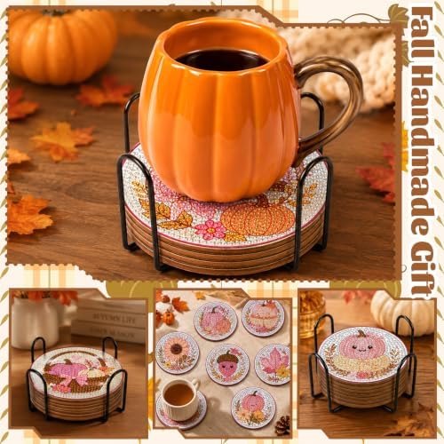 8 Pcs Fall Diamond Art Coasters with Holder Autumn Pumpkin Maple Leaf Kit - Image 5