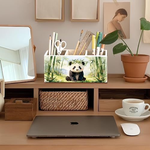 Panda Pen Pencil Holder for Desk Accessories, Cute Panda Gifts for Women & Kids, Wild Animal Wooden Box Sign Decorations for Kids Room Home Office Desk Tabletop - Image 3
