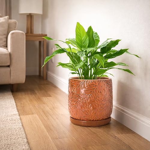 D'vine Dev Embossed Leaves Ceramic Planter, 8 in, Pumpkin, 27-A-Q-J - Image 6