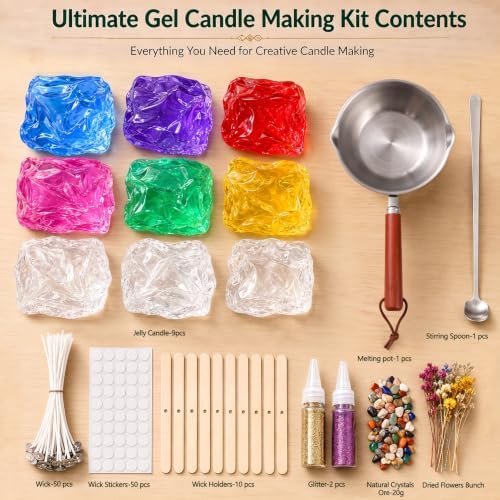 Blingfun Jelly Candle Making Kit,9pcs Gel Wax -7 Colors Candle Making kit，Includes Wax Wicks Wick Stickers，Wooden Wick Holders and More，DIY Starter Candle Making Kit 2.8LB/45oz - Image 2