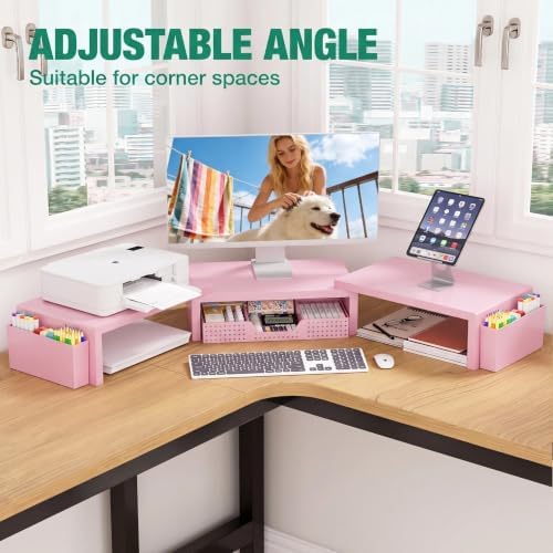 OPNICE Desk Organizer and Accessories, Computer Monitor Stand Riser with Drawer and 2 Pen Holders, Laptop Stand, Office Desk Accessories for Office Supplies, Pink - Image 5
