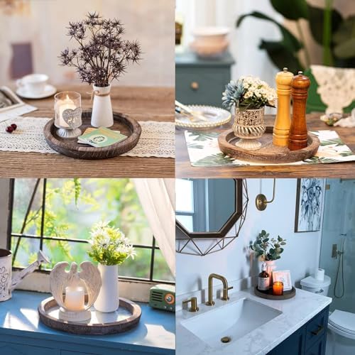 Rustic Wooden Serving Tray - Candle Holder, Round Coffee Table Decor, Home Centerpiece (11.14 in) - Image 6