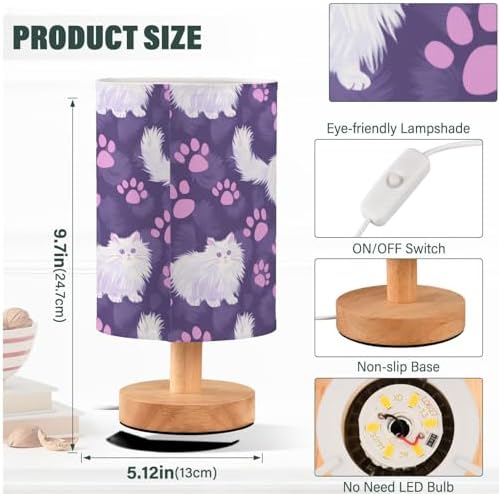 Lovely Angora Cat and Purple Pink Paw Prints Purple Bedside Table Lamps with USB Port for Bedroom Lamp Accent Table Lamp Small Nightstand Lamp Linen Shade Decorative Lamps for Kids|Reading|Dome|Home - Image 4