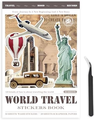 Bomichi Travel Sticker Book, 32 Sheets 377 Pcs Vintage Aesthetics Stickers & 20 Sheets Washi Paper for Journaling Scrapbooking Bullet Journals Planners Letter Card Making by Bomichi