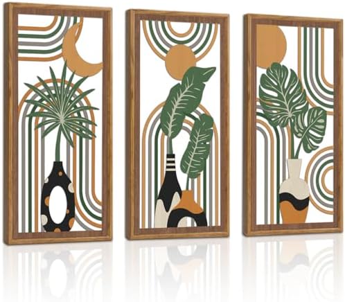KAIRNE Boho Wooden Wall Art,Bohemian Wood Wall Decor Set of 3(16”X8”),Farmhouse Geometric Hanging Decor,Abstract Minimalist Sun Moon Artwork for Living Room Bedroom Nursery Office Decoration,Framed by KAIRNE