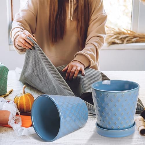 EFISPSS Plant Pots,5 Inch Pots for Indoor Plants,Planters with Drainage Hole and Saucer, Ceramic Flower Pots Desktop Office Windowsill Decoration Gift Set of 4 - Sky Blue - Image 6