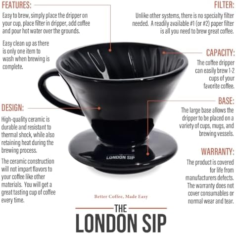 The London Sip Ceramic Coffee Dripper Pour Over Ceramic Coffee Maker, Coffee Slow Brewing Accessories for Home, 1-2 Cup, Black - Image 2