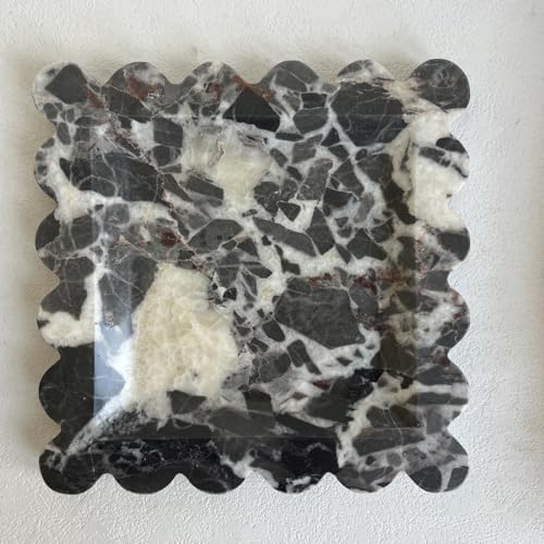 Vintage Natural Marble Tray Small Ornaments Scalloped Tray Handmade Storage Dish for Counter, Vanity, Dresser, Nightstand and Desk (Black White Brown) - Image 2