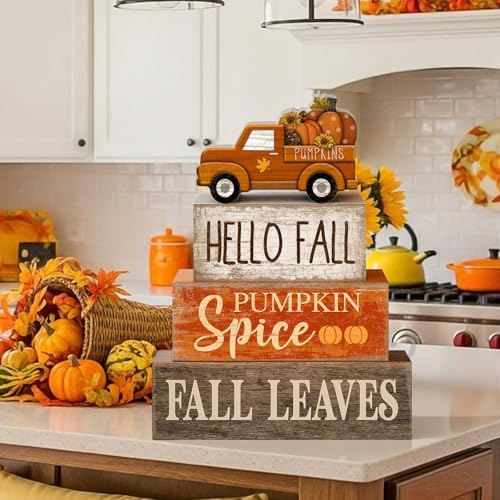 Moucuny 4 Pcs Fall Table Decor, Pumpkin Wood Block Sign Home Tray - Image 4