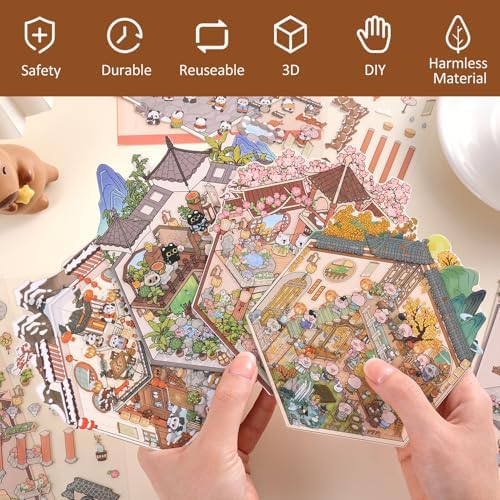 Girls 3D Miniature Scene Stickers, 4 Sets Chinese Courtyard DIY House Stickers for Lunar New Year, Spring, Summer, Auturn, Cute 3D Cartoon Sticker Scenes for Adult Kids Relief Stress Pass The Time - Image 2