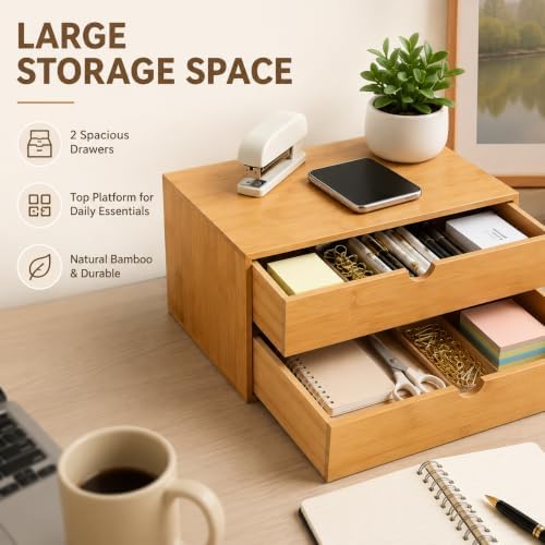 Bamboo Desk Organizer with 2 Drawers, Natural Wood Tabletop Storage Box | No-Assembly Countertop Drawer for Office Home Makeup Jewelry Stationery - Image 3