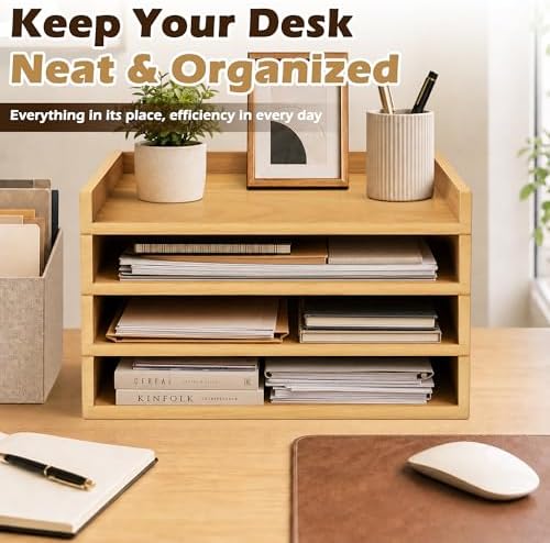 PROLEE 4 Pack Stackable Paper Tray, Wooden Paper Tray Organizer with Letter Tray, Paper Holder for Desk, Desktop File Storage Rack for Study, Home and Office (Oak) - Image 2