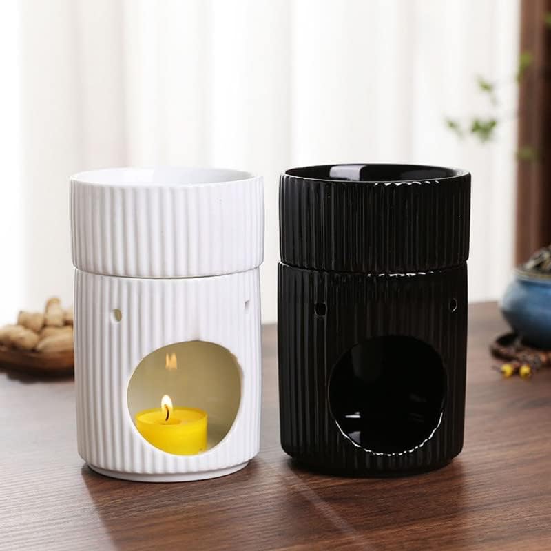 Stylish Stripe Design Ceramic Tealight Candle Holder Oil Burner, Essential Oil Incense Aroma Diffuser Furnace Home Decoration Romantic White - Image 2