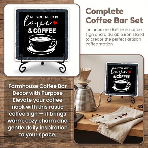 Coffee Bar Sign, All You Need Is Love and Coffee Quote Sign, 5x5 Wood Plaque with Iron Stand, Kitchen Cafe Tabletop Decor – A03 - Image 7