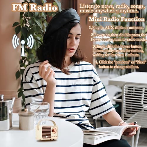 Retro Bluetooth Speaker, Wireless Mini Portable Speakers Support USB/TF Card/AUX, Vintage Decor, Retro Radio Bluetooth Speaker for Kitchen Desk Bedroom Office Outdoor, Gifts for Teens, Cream - Image 4