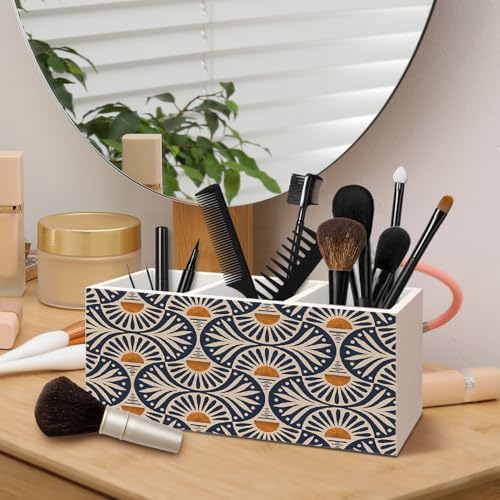 Vintage Boho Wooden Pen Pencil Holder for Desk Accessories, Boho Office Decor, Retro Abstract Sun Sunset Wood Makeup Brush Toothbrush Holder Organizer for Vanity Bathroom - Image 4