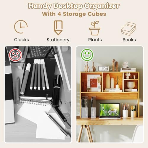 Giantex Desktop Bookshelf, Countertop Storage Hutch with 4 Shelves for Computer Desk, Dressing Tabletop Display Rack, Multipurpose Desk Hutch Storage Organizer for Home Office Dorm (Burlywood) - Image 5