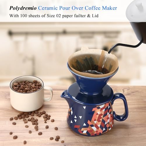 Pour Over Coffee Maker, Ceramic Coffee dripper with 100 pcs Paper Filter, Ceramic coffee Server with Lid, 15.5oz/450 ml, Suitable for 1-2 people (Blue) - Image 3