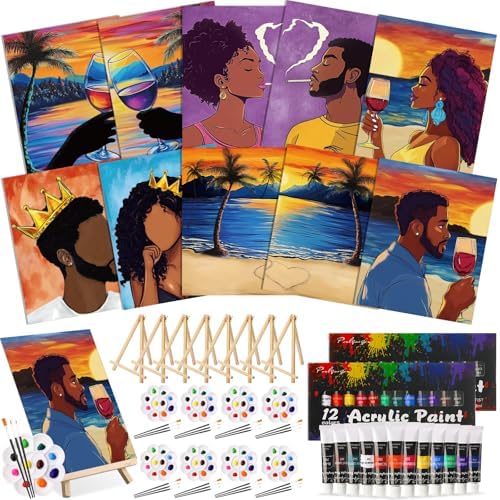 Ctosree 72 Pcs Lovely Couple Paint and Sip Kit for Adults 8'' x 10'' Pre Drawn Canvas for Painting DIY Pre Printed Canvas for Party Favor Afro Acrylic Painting Kit Wood Easel Brushes Date Night Bulk by Ctosree