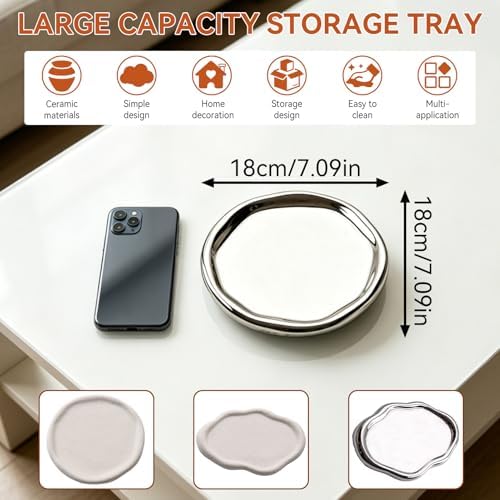 Ceramic Jewelry Tray, Ceramic Jewelry Cloud Plate Decorative Tray Trinket Dish Cute Room Decor for Rings Earrings Necklace Organizer 7.09in (Silver Round) - Image 2