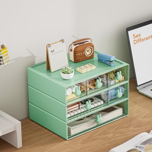 Marbrasse Desk Organizer with 6 Drawers, 3 Tier Stackable Storage Drawers Plastic Makeup Storage, Office Organizers and Storage, Desk Storage Box for Office, School, Home Green - Image 3
