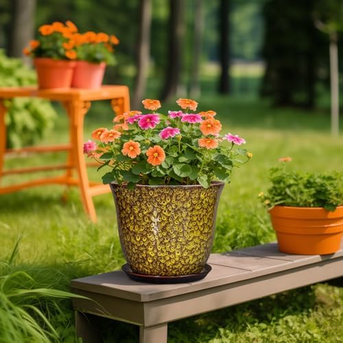 Ceramic Pots for Plants - 10 Inch Plant Pot for Indoor Outdoor, Round Planter with Drainage Hole and Saucer, Modern Flower Pot, Decorative Planters, Home Garden Decor, Birthday Gift, Yellow - Image 5