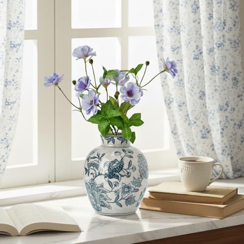 SIDUCAL Ceramic Chinoiserie Floral Vase | 6.3 Inch Blue and White Vintage | Retro Ice Cracked Blue and White Porcelain Vase for Table, Living Room, Bathroom Decoration, Shelf Decor, Mantel - Image 4