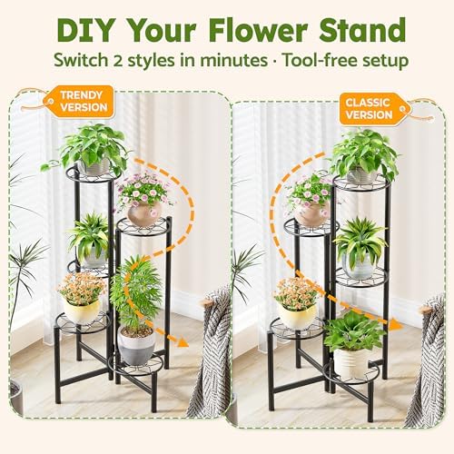 Plant Stand 5 Tier Indoor Metal Flower Shelf for Multiple Plants Corner Tall Flower Holders for Patio Garden Living Room Balcony Bedroom Black Diamond - Image 4