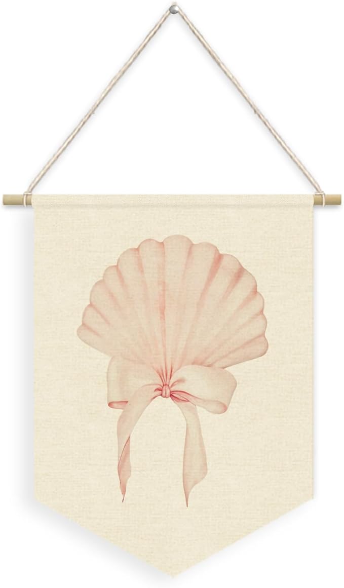 Coastal Wall Decor,Beachy Room Decor,Beachy Room Decor Aesthetic Pink Seashell Coastal Cowgirl Pennant Flag Banner,Coquette Seashell Wall Hanging Linen Banner,Surfer Girl Wall Art