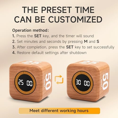Rotating Productivity Cube Timer, 5/25/10/50 Min Presets, Wood Grain - Image 6