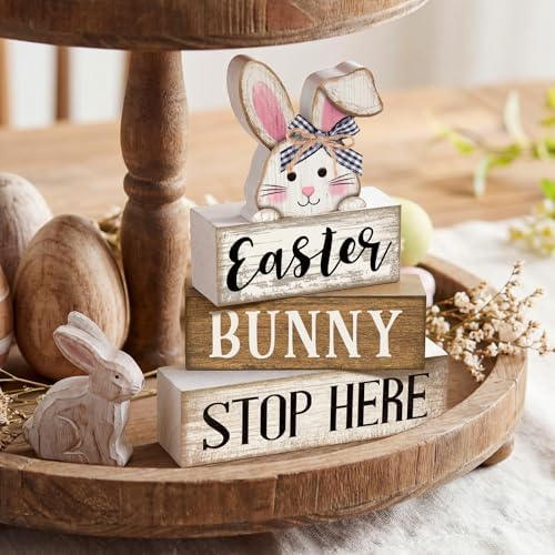 Moucuny 4 Pcs Easter Bunny Wood Signs Farmhouse Tiered Tray Table Decor - Image 2