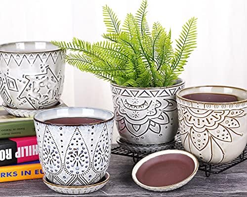 VanEnjoy 5.9 inch Round Bohemian Style Ceramic Planter, Geometry Engrave Off White Brown Succulent Planter Flower Pot, Indoor Outdoor Decorative Planter - Image 7