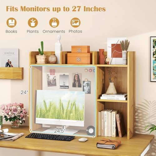 GIANTEX Desktop Bookshelf, Wood Desk Hutch Organizer for 27 Inch Computer Monitor, Countertop Storage Display Rack with 5 Shelves, Multipurpose Desktop Shelf Bookcase for Dorm Office Home (Burlywood) - Image 4