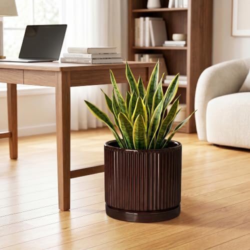 10 Inch Ceramic Plant Pots, Round Flower Pots with Saucer, Brown - Image 3